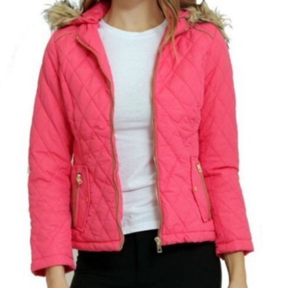 Fuchsia pink quilted jacket w/ removable fur hood